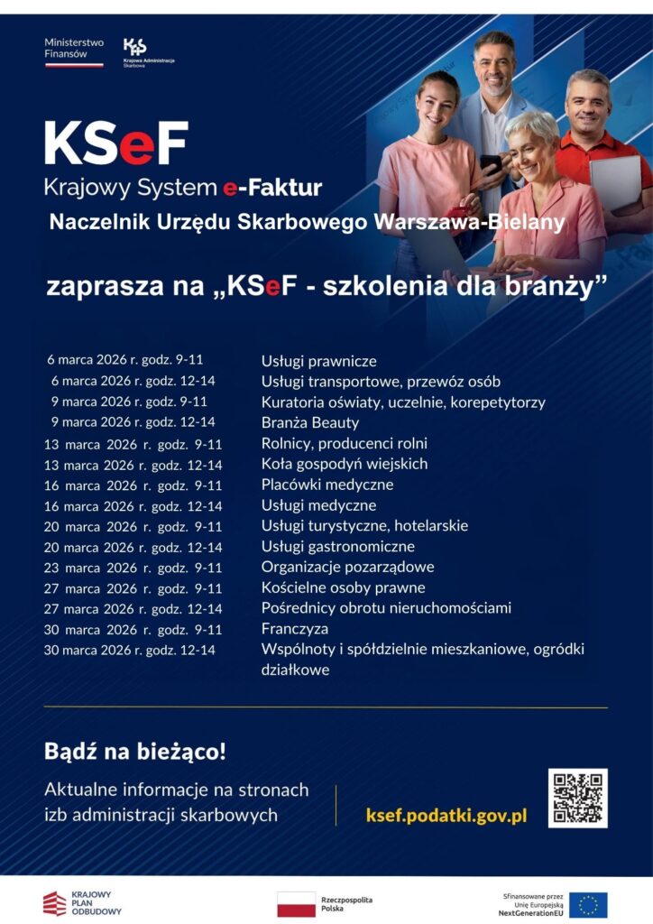 Plakat przedstawiający terminy szkoleń w ramach "KSeF - szkolenia dla branży"
